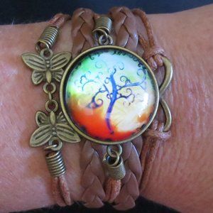 New World Glass Bracelet Colorful Tree of Life Cabochon Brass Leather Unisex 7"
